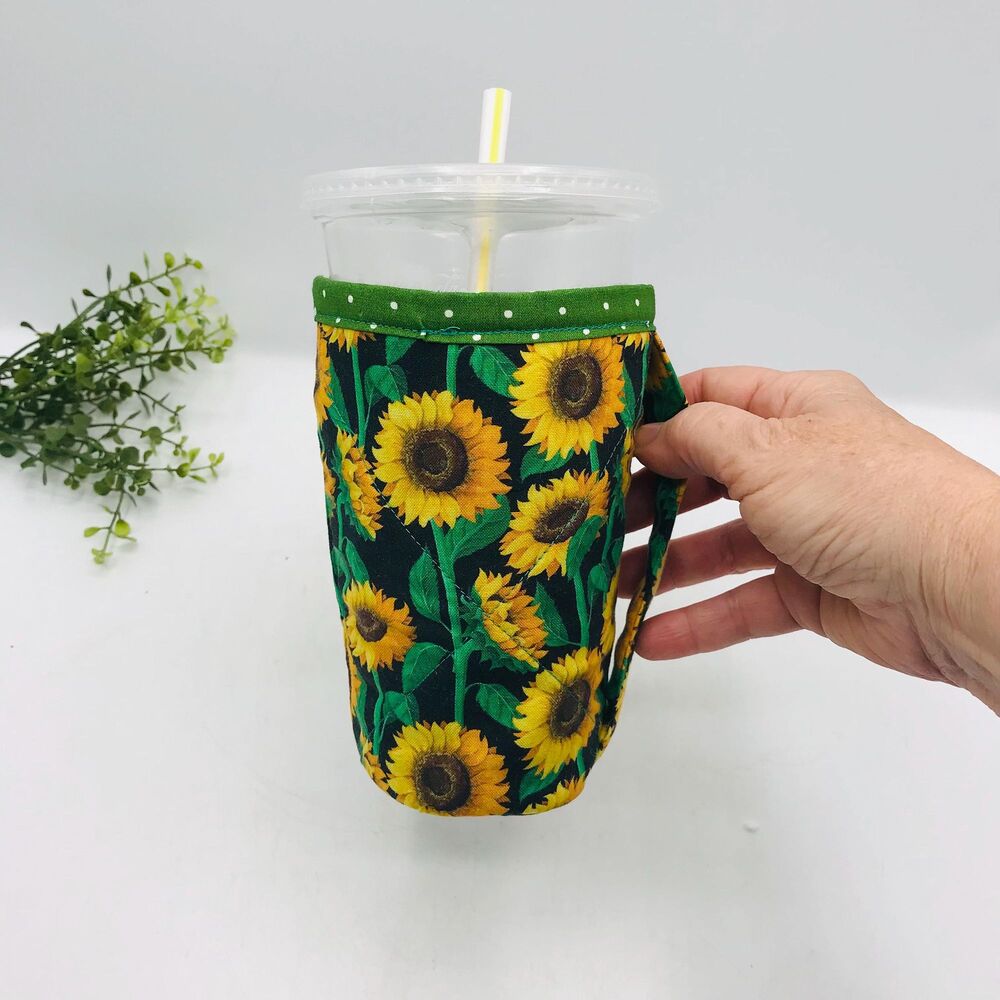 Drink Coozie w Handle Hot or Iced Drinks Cozy Insulated Sunflowers and Green